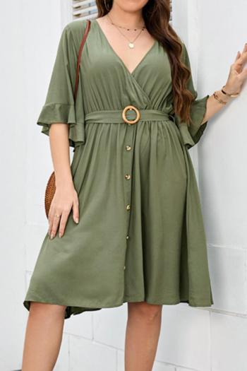 casual plus size slight stretch pure color backless with belt midi dress