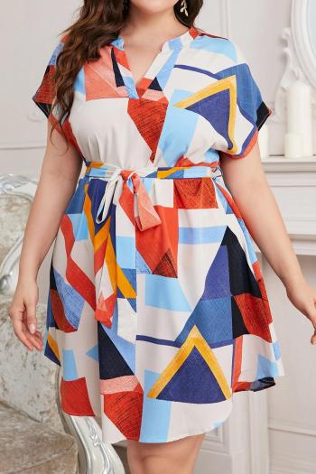 casual plus size slight stretch geometrical pattern print mini dress with belt
