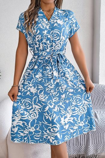 casual non-stretch 3 colors floral printing v-neck with belt midi dress
