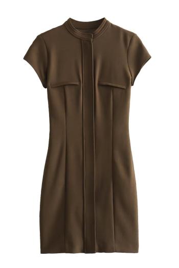 sexy slight stretch style brown round neck zipper short sleeve mini dress