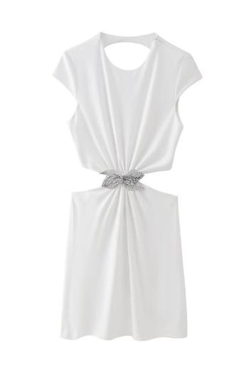 sexy style slight stretch white rhinestone bow embellished backless mini dress