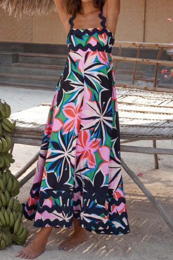 casual plus size non-stretch wave embroidery flower printing sling maxi dress#2