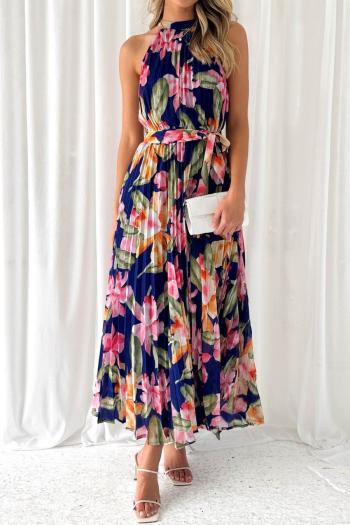 casual non-stretch flower batch printing crew neck sleeveless pleated maxi dress