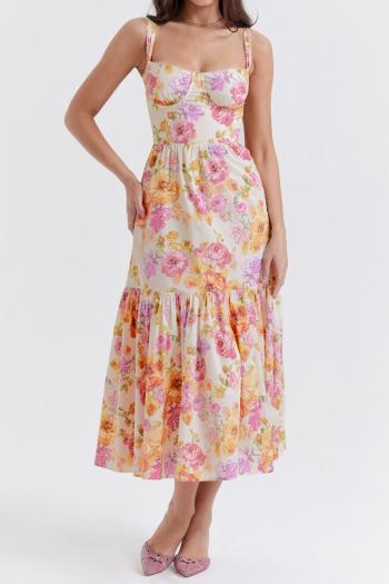 casual non-stretch flower batch printing padded midi dress