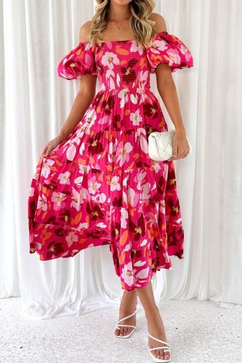 casual non-stretch flower batch printing off shoulder midi dress#2