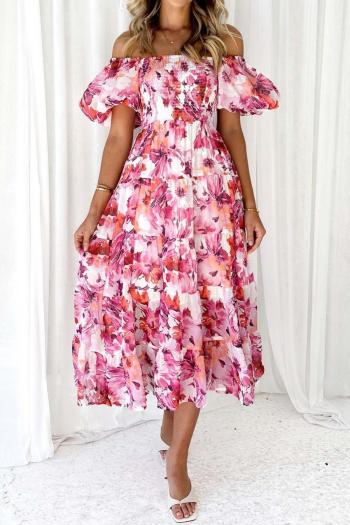 casual non-stretch flower batch printing off shoulder midi dress#3
