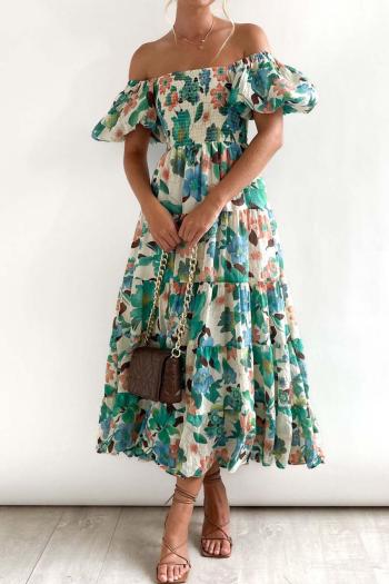 casual non-stretch flower batch printing off shoulder midi dress#6