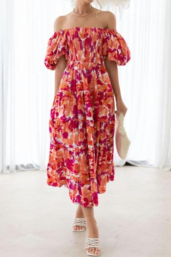 casual non-stretch flower batch printing off shoulder midi dress#7
