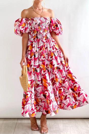 casual non-stretch flower batch printing off shoulder midi dress#8