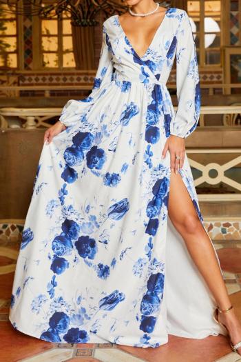 sexy bohemian slight stretch floral printing padded deep v high slit maxi dress