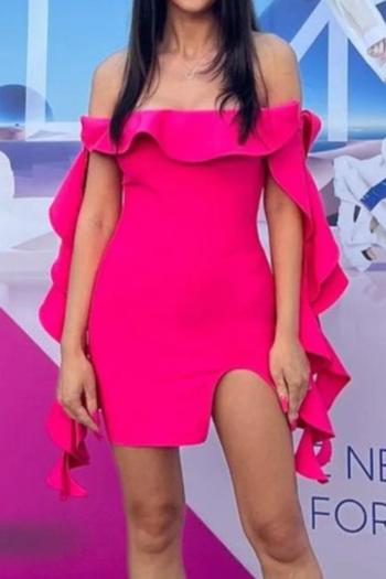 Sexy slight stretch pure color off shoulder ruffle bodycon mini dress