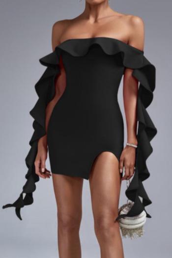 Sexy slight stretch pure color off shoulder ruffle bodycon mini dress
