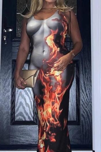 sexy slight stretch flame graphic printing bodycon midi dress