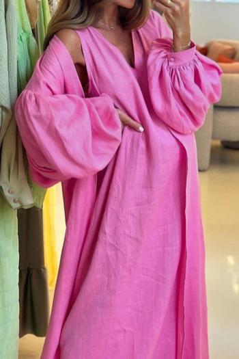 new casual non-stretch solid color tank maxi dress & belt puff sleeve robe
