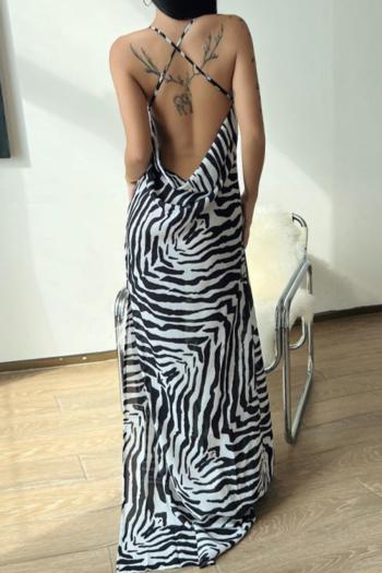 sexy non-stretch zebra stripe printing backless sling high slit maxi dress