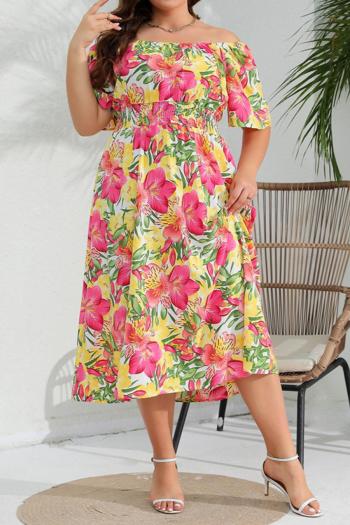 stylish plus size non-stretch flower batch printed midi dress