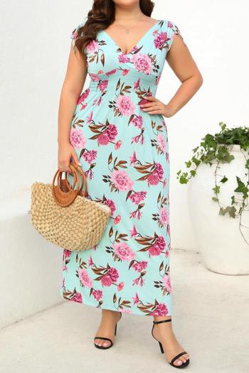 stylish plus size non-stretch flower batch printing v-neck maxi dress#1