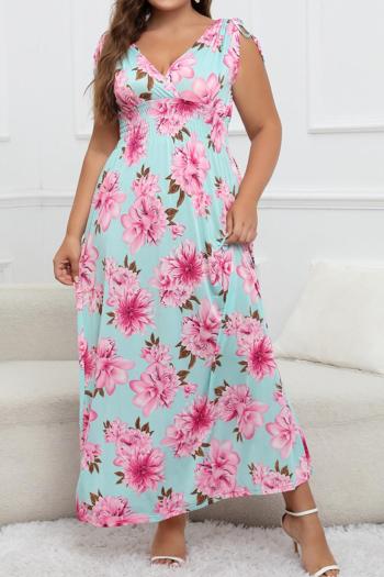 stylish plus size non-stretch flower batch printing v-neck maxi dress#2