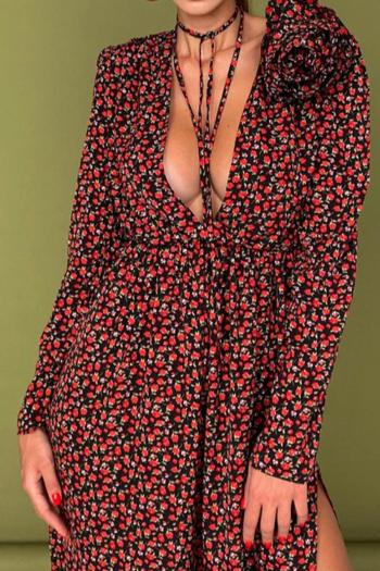 new sexy slight stretch batch printing deep v-neck tie side slit midi floral dress