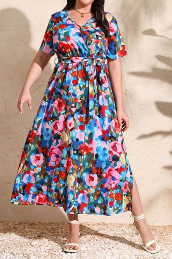 casual plus size non-stretch chiffon colorful flower batch print midi dress