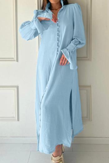 new casual slight stretch 3-color stand slit collar long sleeve midi dress