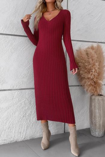 sexy slight stretch ribbed knit solid color v-neck midi dress