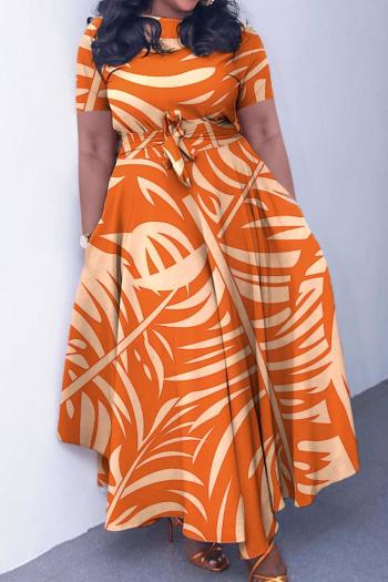 casual plus size slight stretch orange batch printing belt pocket maxi dress