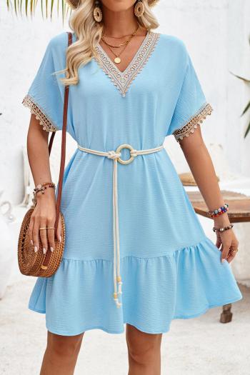new casual slight stretch solid color v-neck lace mini dress(with belt )