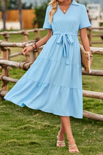 new casual slight stretch solid color v-neck tie waist midi dress(with belt )