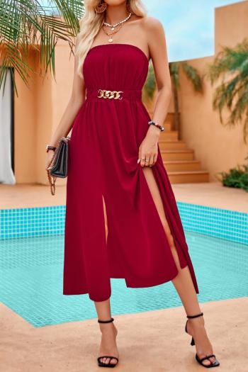 new sexy slight stretch solid color metal chain decoration bandeau midi dress