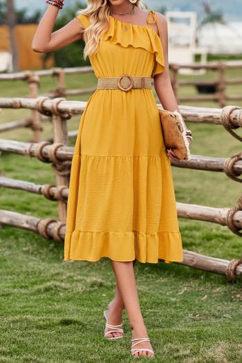 new casual non-stretch solid color ruffle waist midi dress(non-with belt)