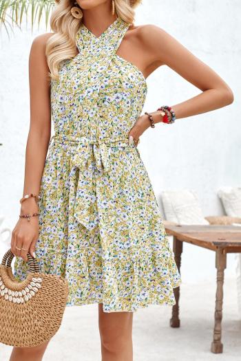 casual non-stretch halterneck knotted batch printing mini floral dress(with belt)