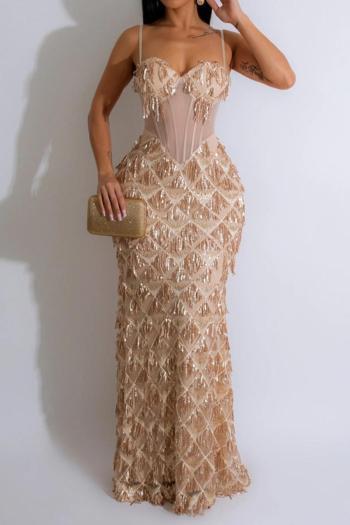 sexy plus size slight stretch padded mesh sequins tassel sling maxi dress