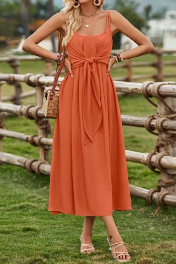 new casual non-stretch solid color waist tie knot suspenders midi dress