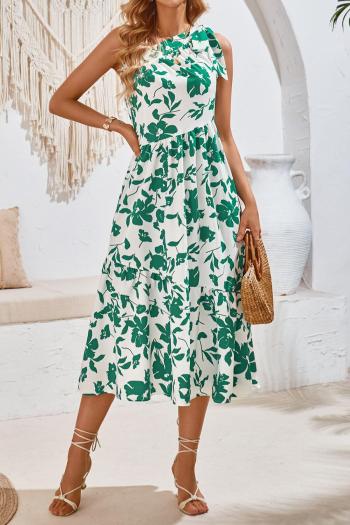 new casual non-stretch strap batch printing waist off-the-shoulder midi dress
