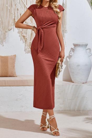 casual slight stretch solid color round neck waist knitted lace-up midi dress
