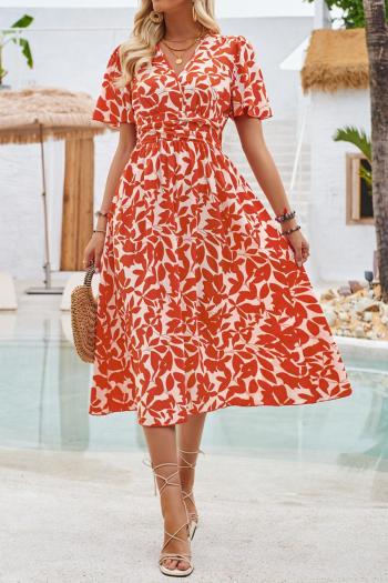 new casual non-stretch 3-color batch print v-neck short sleeve loose midi dress