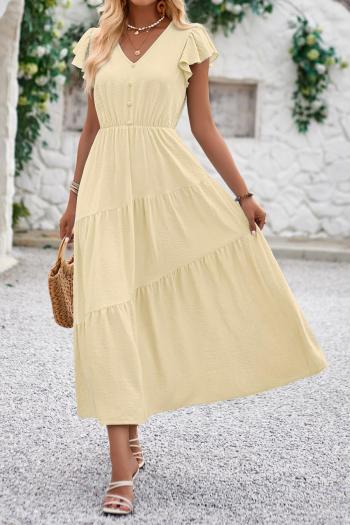 new casual non-stretch solid color v-neck ruffle sleeve layered midi dress