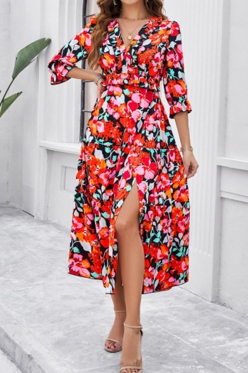 bohemian non-stretch allover floral print v-neck three-quarter sleeve midi dress