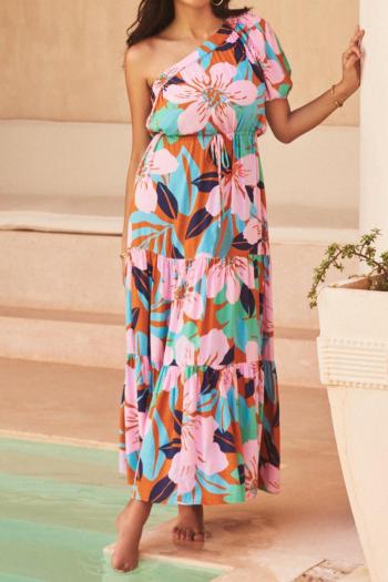 casual non-stretch floral batch printing one shoulder maxi dress