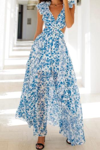 sexy non-stretch chiffon flower brunch batch printing v-neck maxi dress#2