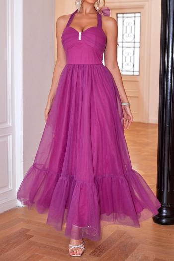 elegant non-stretch solid color halter neck backless mesh maxi dress