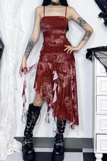 stretch pattern batch printing sexy mesh with lined stylish irregular midi dress