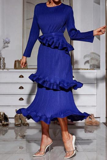 elegants slight stretch ruffle pure color with belt midi dress