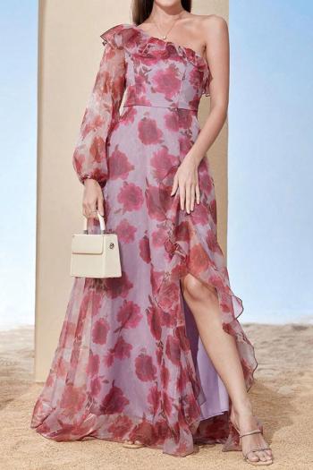 elegants slight stretch floral printed one shoulder slit ruffle maxi dress