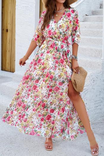 stylish non-stretch flower batch printing loose with belt casual maxi dress