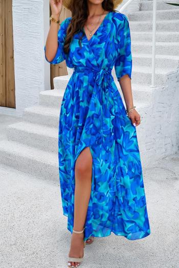 stylish non-stretch v-neck batch printing loose with belt casual maxi dress