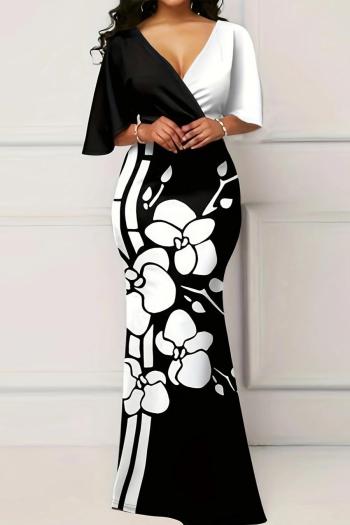 plus size stretch fixed printing contrast color elbow sleeves casual maxi dress