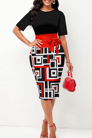 summer plus size geometric fixed printing stretch casual midi dress with belt