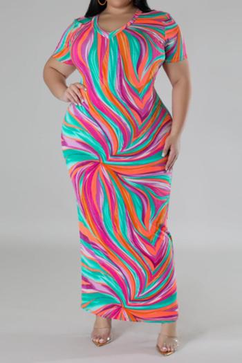 casual plus size slight stretch colorful printed v-neck slit maxi dress